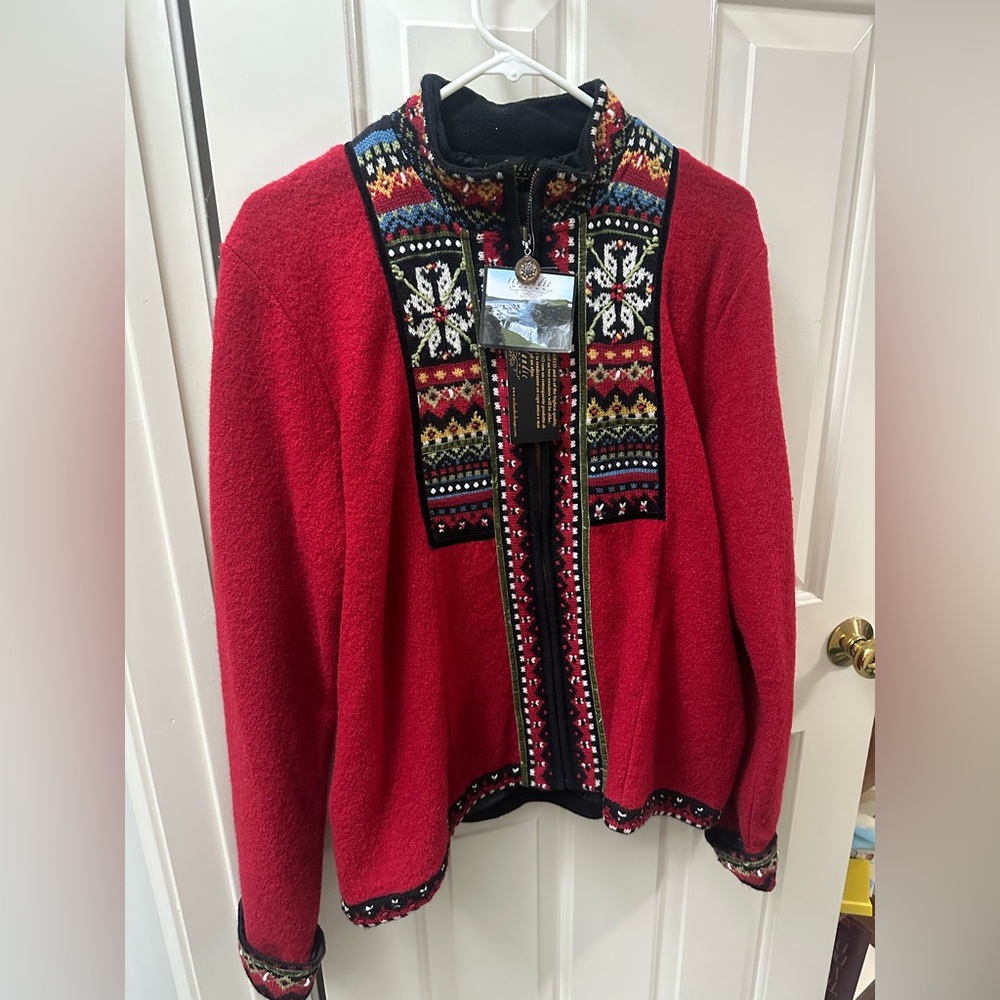 Icelandic Design Red Wool zippered Cardigan w/ Nordic embroidery size XL, NWT